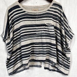 Chaser Linen Shirt XS Beach Poncho Pullover Top Open Split Back Blue Ecru Stripe